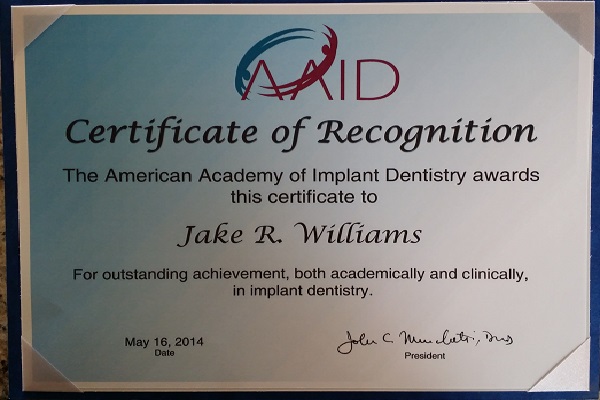 Jake Williams Awarded American Academy of Implant Dentistry AAID Student Award